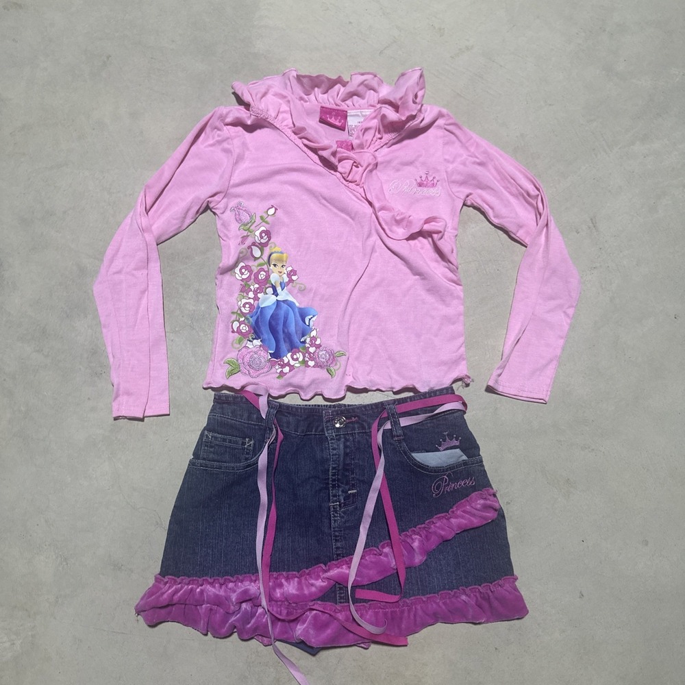 DISNEY PRINCESS 2 PC Denim Skirt Pink Embroidered Top Set SZ 6X Kids Youth Y2K